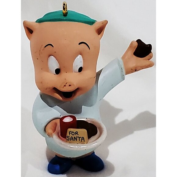 Hallmark Looney Tunes PORKY PIG with milk & cookies CHRISTMAS ORNAMENT 1993 VTG - Picture 1 of 8